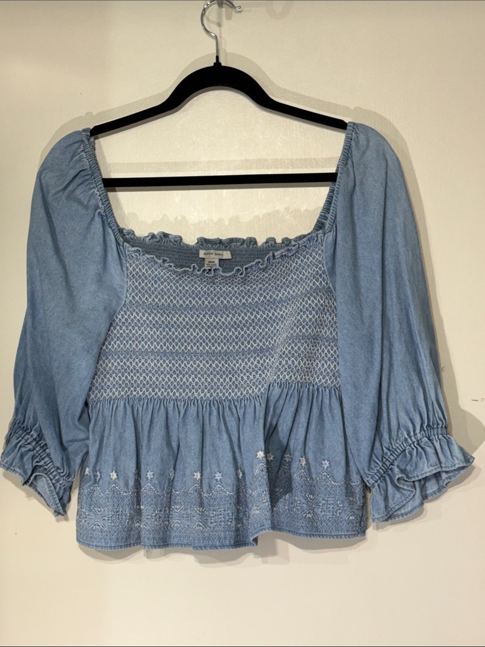 American Eagle Embroidered Light Blue Denim Smocked Cropped Peasant Blouse M